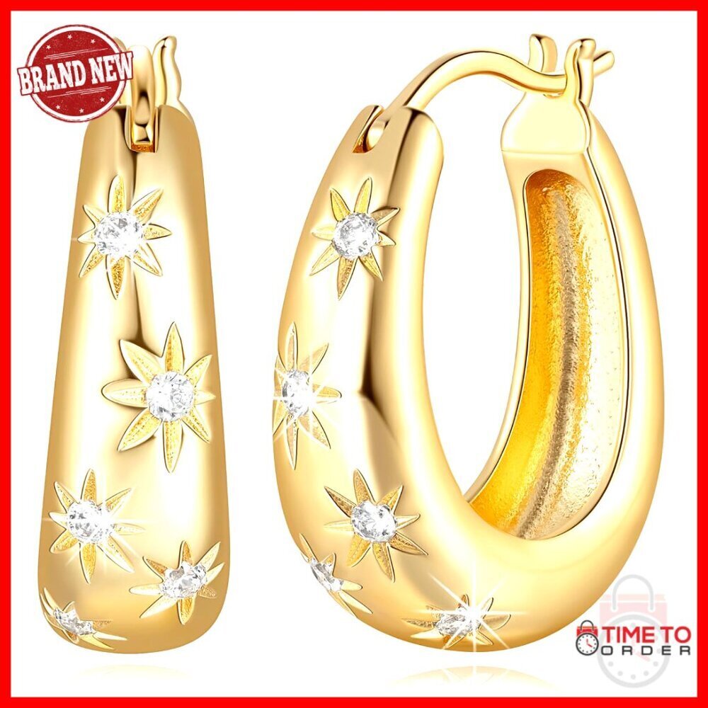 14K Gold Plated Chunky Hoop Earrings with Cubic Zirconia 23mm